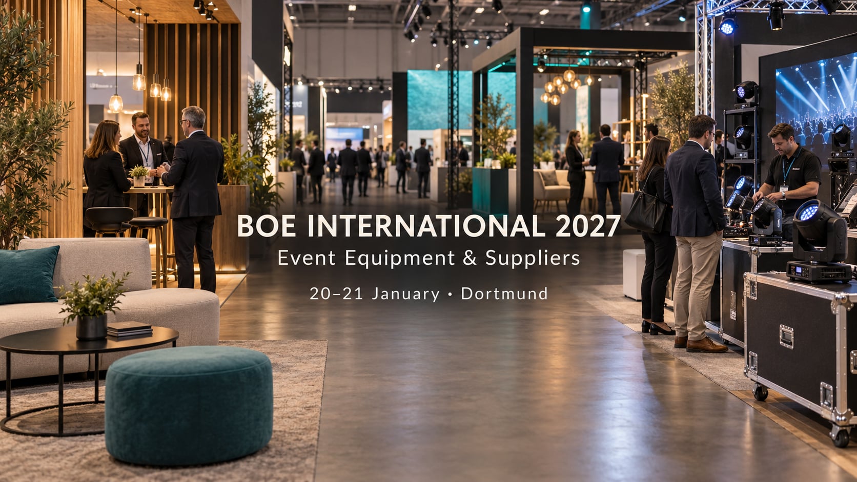 Couverture de boe international 2027 montrant des structures d’exposition, du mobilier et du matériel d’éclairage.
