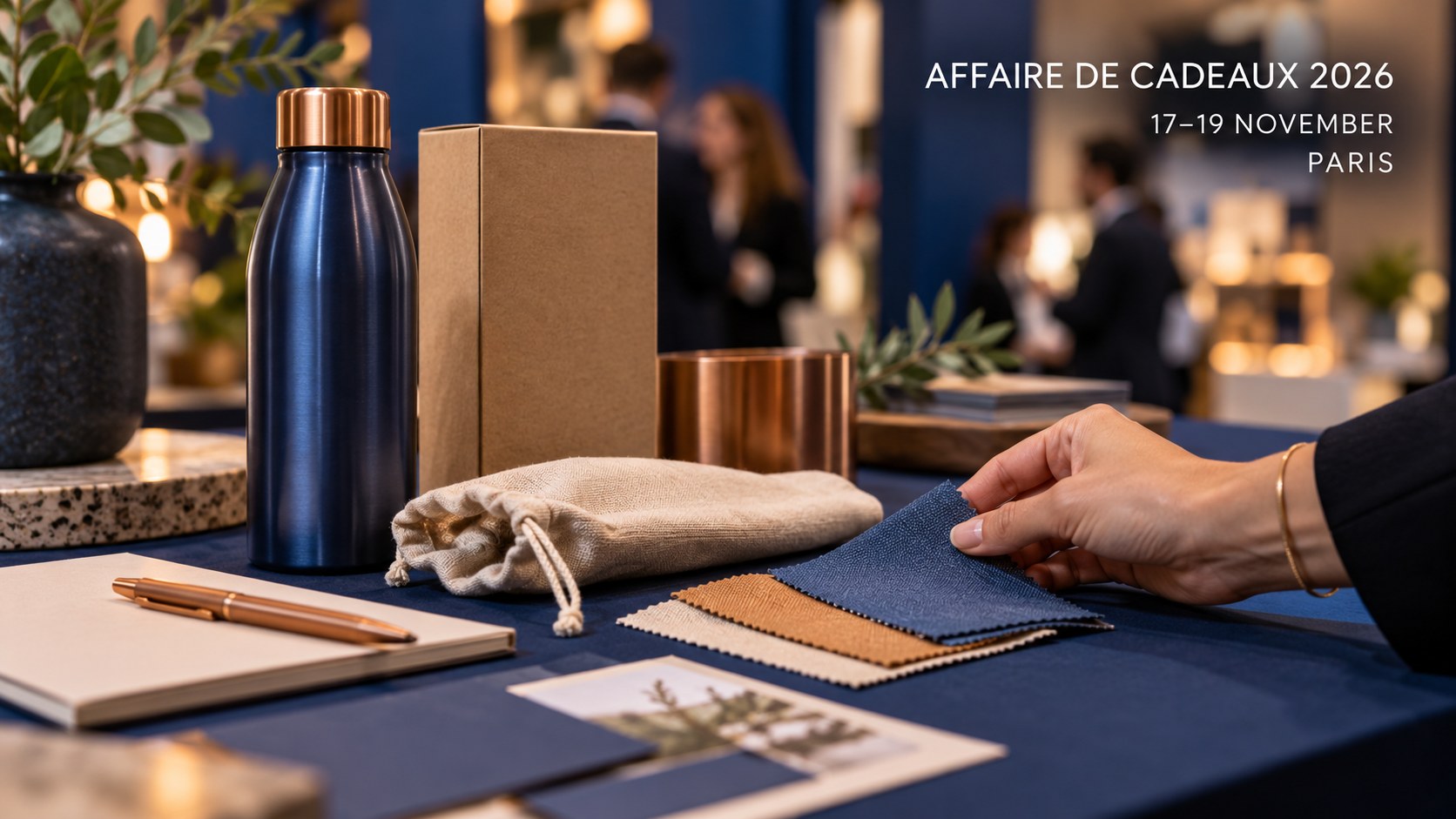 Une acheteuse compare emballages, bouteille réutilisable et échantillons textiles.