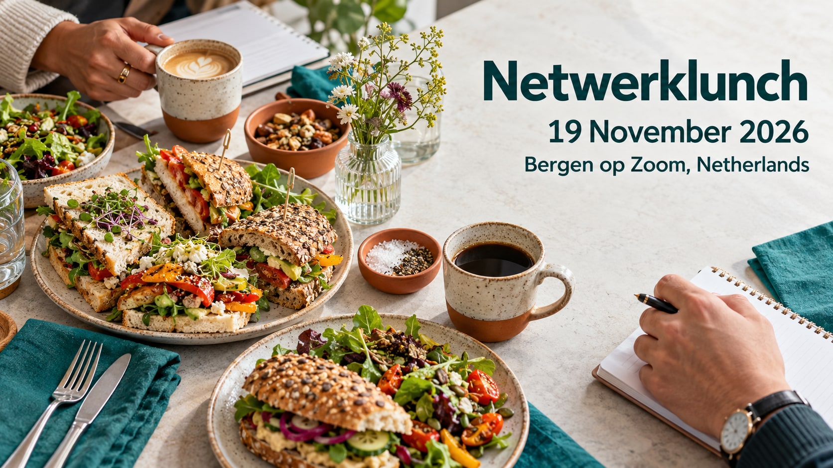 Sandwichs, cafés et carnets sur une table de déjeuner partagée.