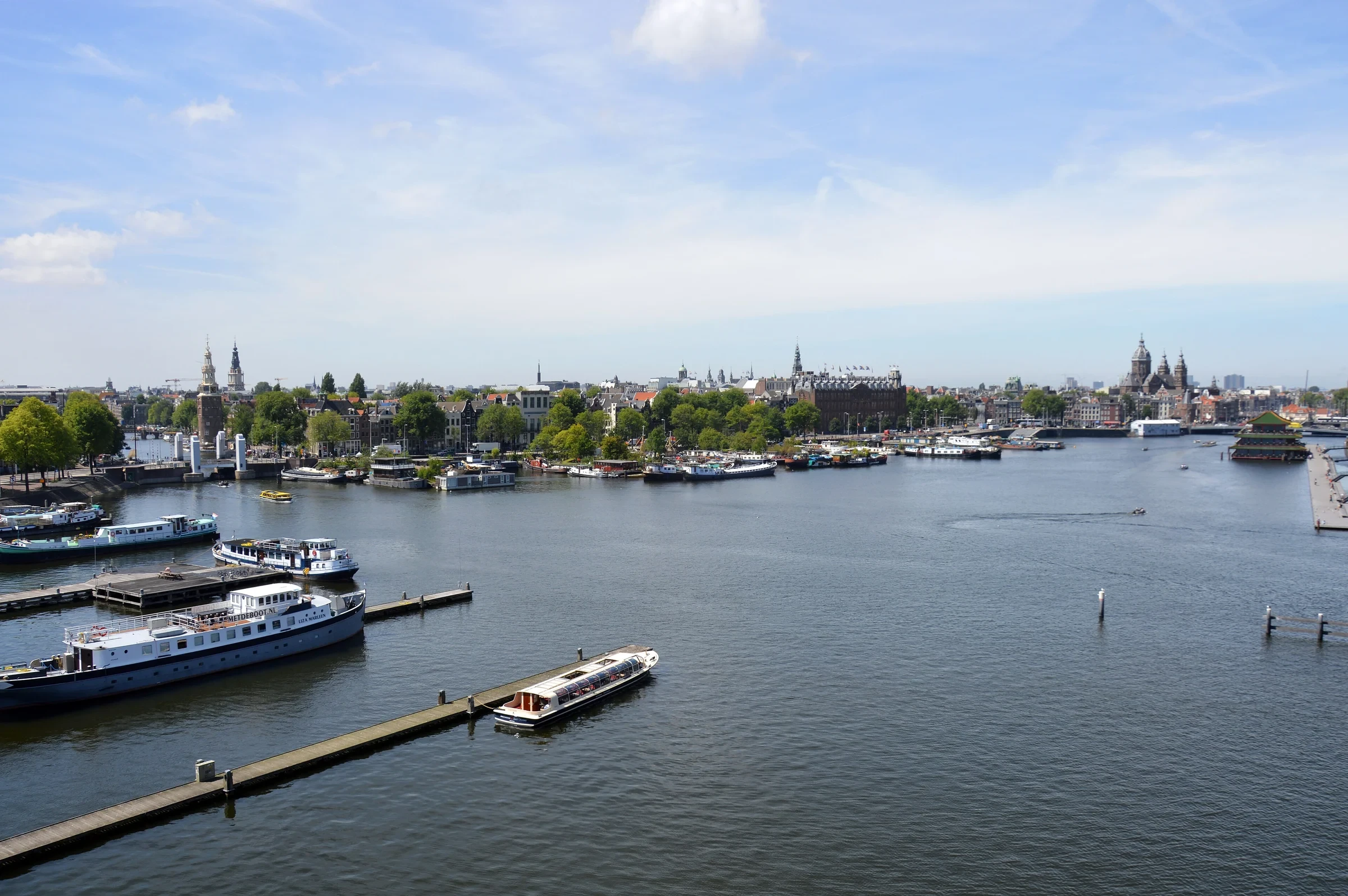 Boats on the Oosterdok and central Amsterdam’s skyline, photographed from NEMO’s roof.