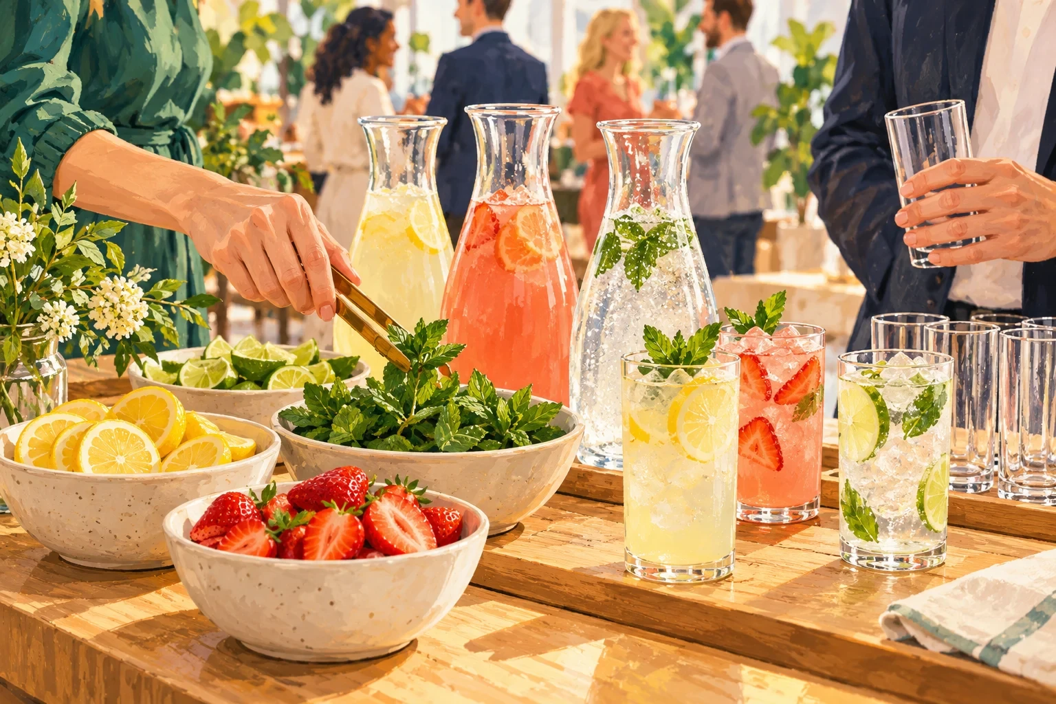 Geïllustreerd concept van een drankjesbar met fruit, munt, merkloze karaffen en gasten die ingrediënten kiezen.