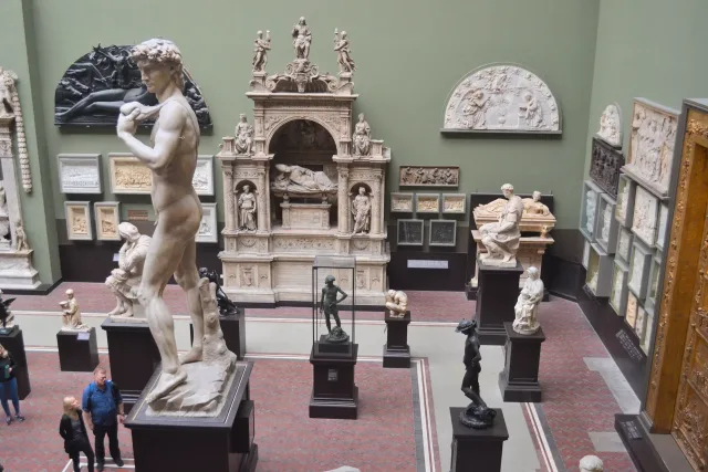 Visitors and plaster casts in the V&A’s Cast Courts, viewed from the balcony.