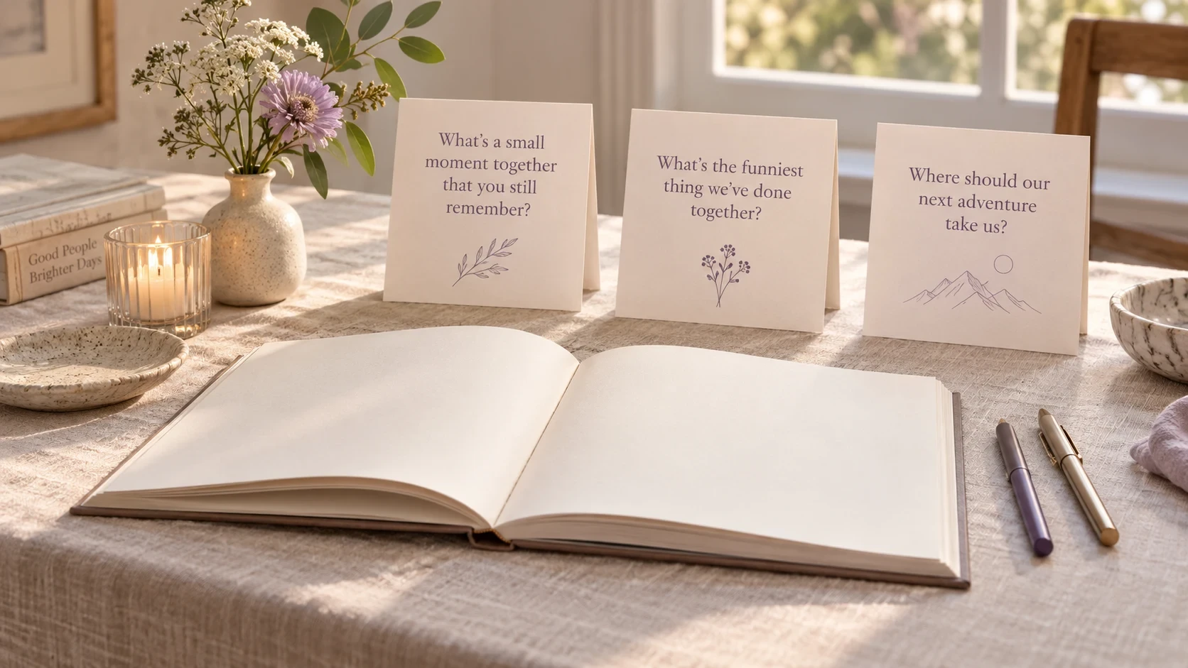 An AI-generated guest-book station concept with an open blank book, three English question cards, two pens and a small vase on a linen-covered table.
