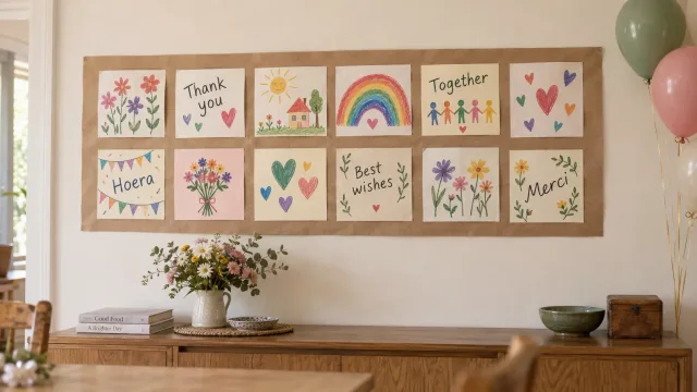 Concept illustration of a completed paper celebration banner with twelve different hand-drawn cards attached to kraft-paper backing on a wall.