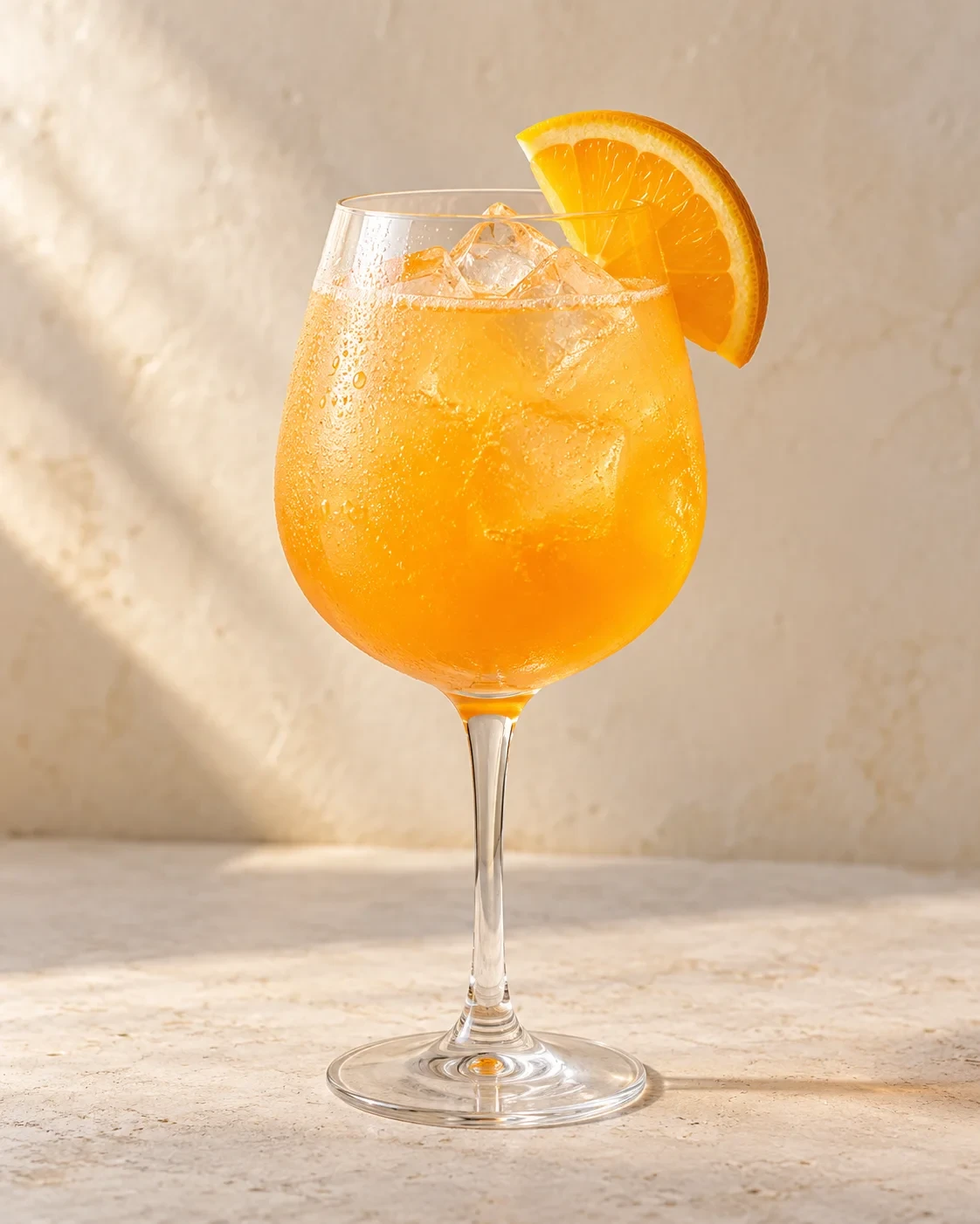 AI concept of an orange-coloured drink in a stemmed wine glass with ice and an orange half-wheel on the rim.
