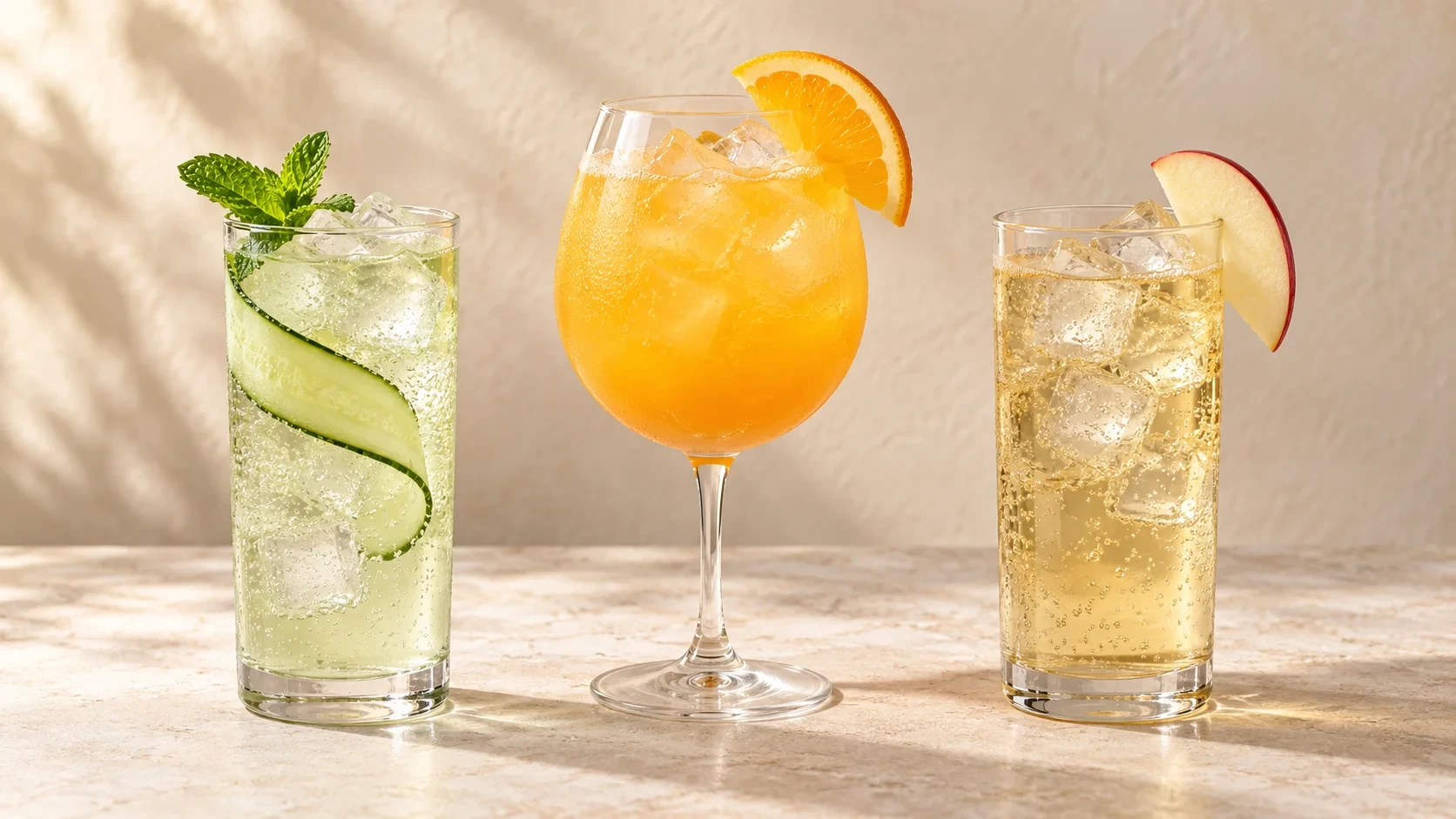 AI concept showing a pale cucumber drink, an orange spritz and a golden apple drink, each with ice and a matching garnish.