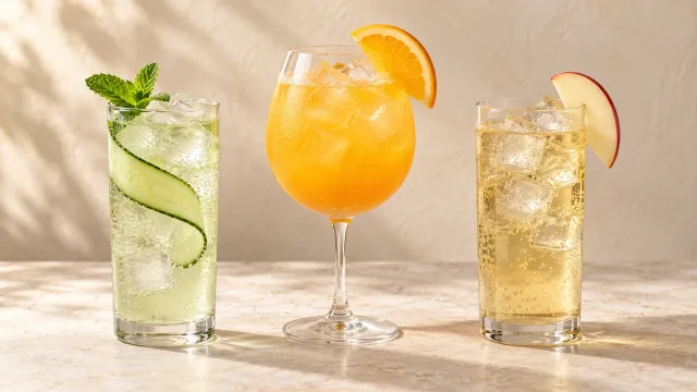 AI concept showing a pale cucumber drink, an orange spritz and a golden apple drink, each with ice and a matching garnish.