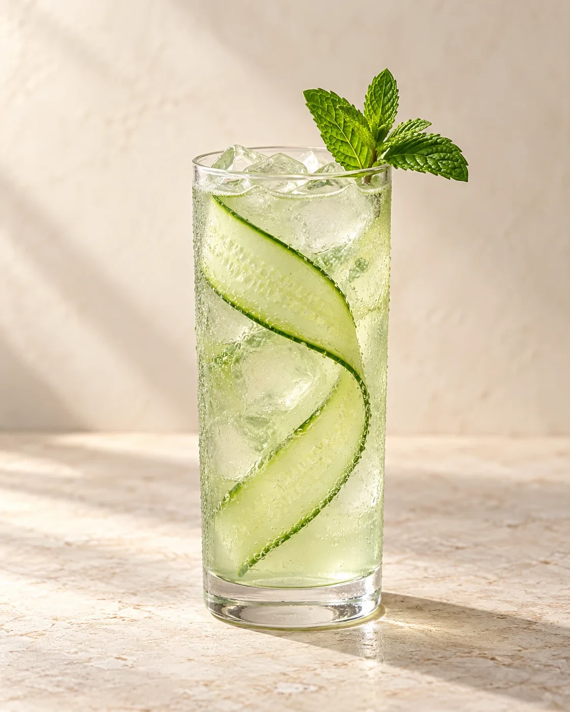 AI concept of a pale green drink in a highball glass with ice, one cucumber ribbon and a mint sprig.